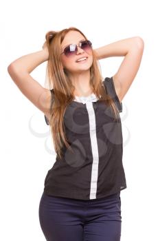 Young blond woman posing in cheerful. Isolated