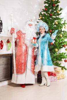 Santa claus and snow maiden posing near christmas tree