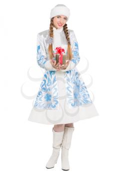 Charming woman in a suit of snow maiden posing with gift box. Isolated on white