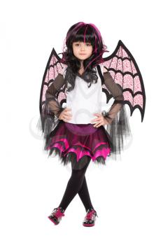 Little girl wearing like a bat. Isolated on white