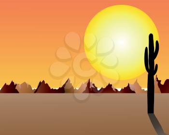 Desert and rocks under sunset background. Vector illustration.