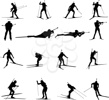 Set of biathlon sportman silhouettes. Vector illustration.