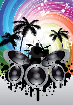 Rock group drummer at thropical and festive rays background. Vector illustration for design use.