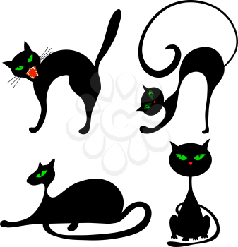 Set of halloween black cat with green eyes. Vector illustration.
