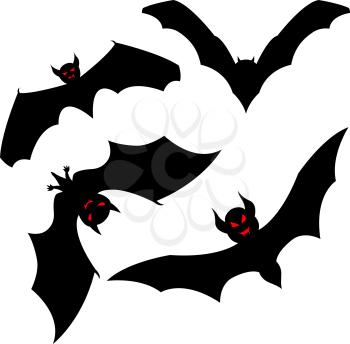 Set of halloween black bat with red eyes. Vector illustration.
