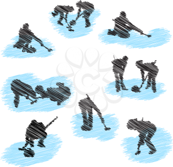 Set of curling player grunge silhouettes. Fully editable EPS 10 vector illustration.