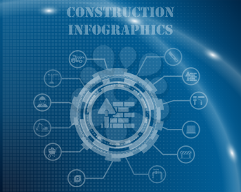 Construction Infographic Template From Technological Gear Sign, Lines and Icons. Elegant Design With Transparency on Blue Checkered Background With Light Lines and Flash on It. Vector Illustration.   