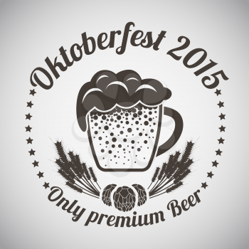 Oktoberfest Vintage Emblem. Mug of Beer With Ears of Wheat and Stars Rows. Suitable for Advertising, Fest Attributes, Pub Equipment  And Other Use. Dark Brown Retro Style.  Vector Illustration.