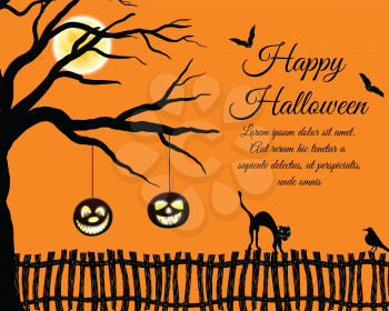 Happy Halloween Greeting Card. Elegant Design With Tree, Bats, Pumpkin, Cat Going on a Fence and Sitting  Raven Over Grunge Orange. Vector illustration.