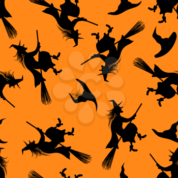 Halloween Holiday Seamless Pattern With Witch And Hats Over Orange Background for Creating Halloween Designs.  Vector illustration.