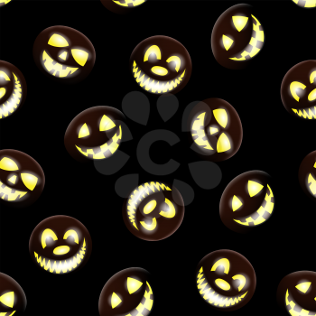 Halloween holiday seamless pattern with smiling pumpkins over black background for creating Halloween designs.  Vector illustration.