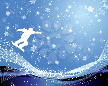 Jumping  snowboarder over abstract line background with snowflakes. Vector illustration.