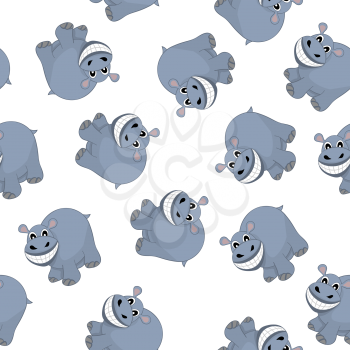 Seamless Pattern From Funny Cartoon Character Hippo With Wide Smile Over White Background.  Tropical and Zoo  Fauna. Vector illustration. 