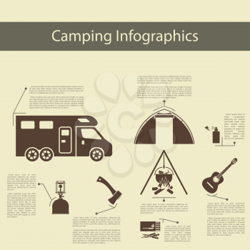 Camping  infographics with trailer, tent, gas lamp, axe, match, fire, guitar and anti-mosquito spray. Elegant flat design style. Vector Illustration.
