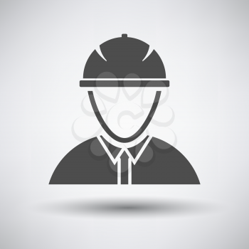 Construction worker head in hemlet  icon on gray background with round shadow. Vector illustration.