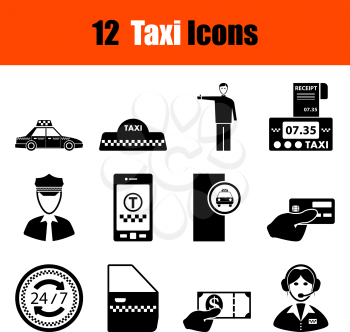 Set of twelve Taxi black icons. Vector illustration.