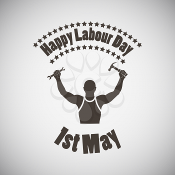 Labour day emblem with silhouette of worker. Vector illustration. 