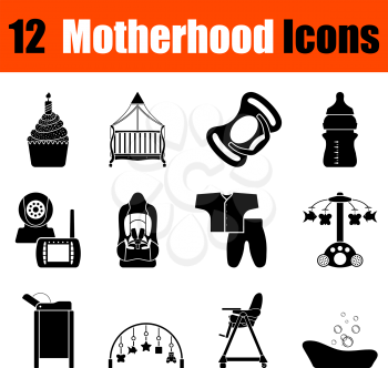 Set of twelve motherhood black icons. Vector illustration.