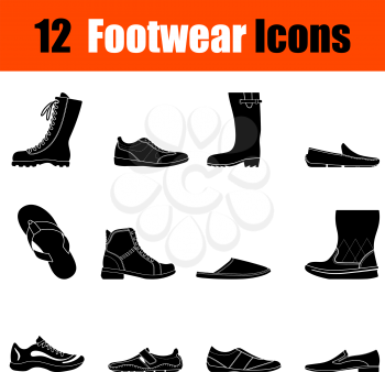 Set of twelve man's footwear black icons. Vector illustration.