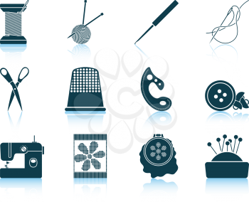 Set of twelve sewing  icons with reflections. Vector illustration.