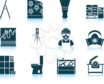 Set of twelve flat repair icons with reflections. Vector illustration.