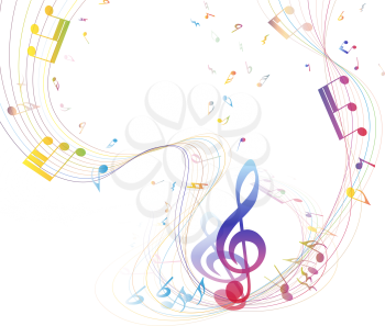 Musical Design Elements From Music Staff With Treble Clef And Notes in gradient transparent Colors. Elegant Creative Design With Shadows and Isolated on White. Vector Illustration.