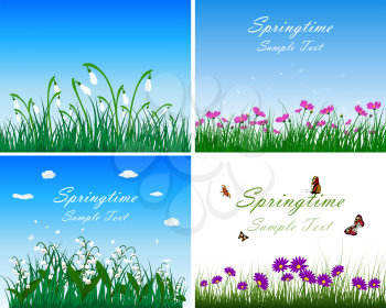 Set of springtime meadows with blue sky and butterflies. Vector illustration.