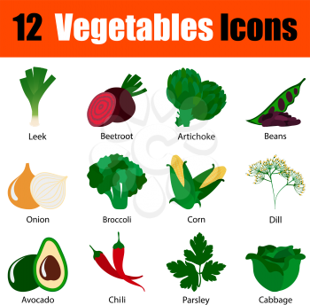 Flat design vegetables icon set with titles in ui colors. Vector illustration.