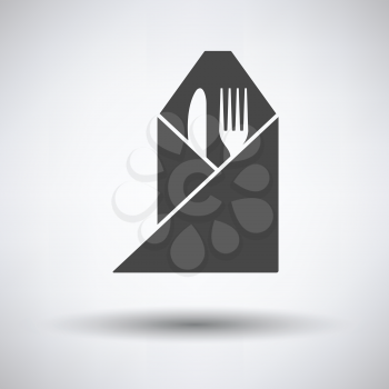 Fork and knife wrapped napkin icon on gray background with round shadow. Vector illustration.