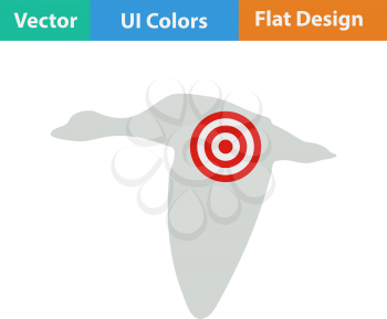 Flat design icon of flying duck  silhouette with target  in ui colors. Vector illustration.