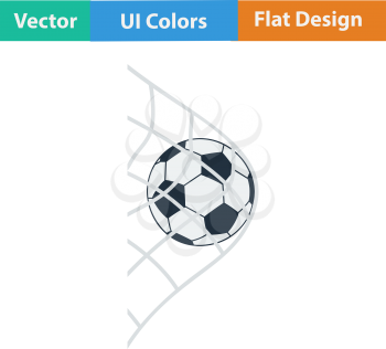 Flat design icon of football ball in gate net in ui colors. Vector illustration.