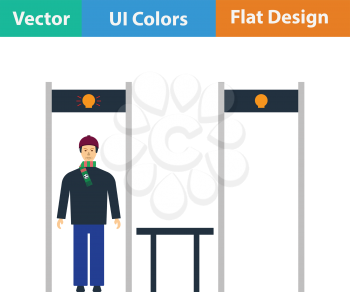 Stadium metal detector frame with inspecting fan icon. Flat design in ui colors. Vector illustration.