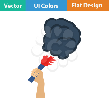 Football fans hand holding burned flayer with smoke icon. Flat design in ui colors. Vector illustration.