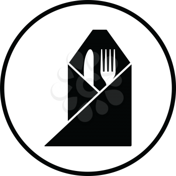 Fork and knife wrapped napkin icon. Thin circle design. Vector illustration.