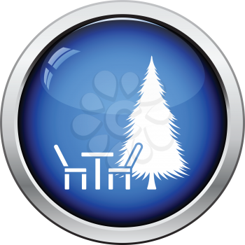 Park seat and pine tree icon. Glossy button design. Vector illustration.
