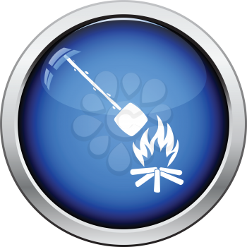 Camping fire with roasting marshmallo  icon. Glossy button design. Vector illustration.