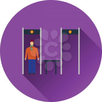 Stadium metal detector frame with inspecting fan icon. Flat color design. Vector illustration.