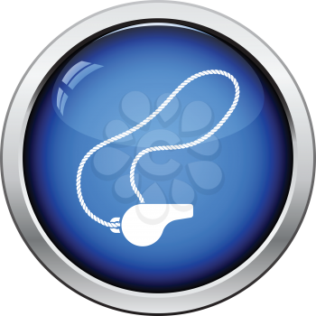Icon of whistle on lace. Glossy button design. Vector illustration.