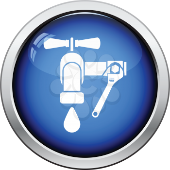 Icon of wrench and faucet. Glossy button design. Vector illustration.
