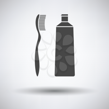 Toothpaste and brush icon on gray background, round shadow. Vector illustration.