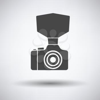 Camera with fashion flash icon on gray background, round shadow. Vector illustration.