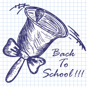 School hand bell. Doodle sketch on checkered paper background. Vector illustration.
