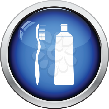 Toothpaste and brush icon. Glossy button design. Vector illustration.