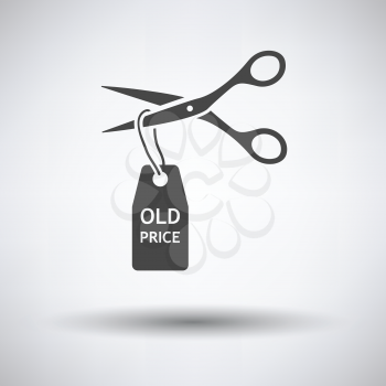 Scissors cut old price tag icon on gray background, round shadow. Vector illustration.
