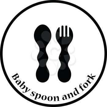 Baby spoon and fork icon. Thin circle design. Vector illustration.