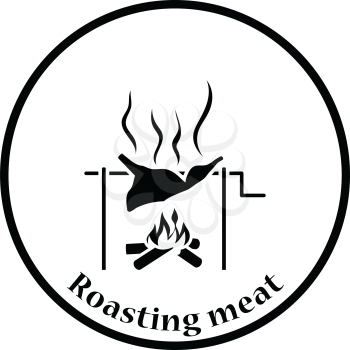 Roasting meat on fire icon. Thin circle design. Vector illustration.