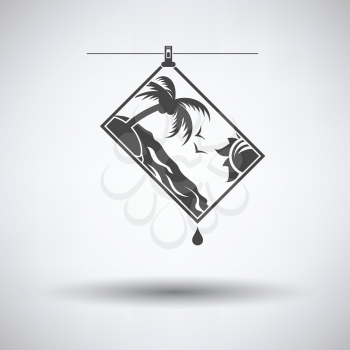 Icon of photograph drying on rope on gray background, round shadow. Vector illustration.