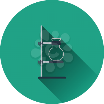 Icon of chemistry flask griped in stand. Flat color design. Vector illustration.