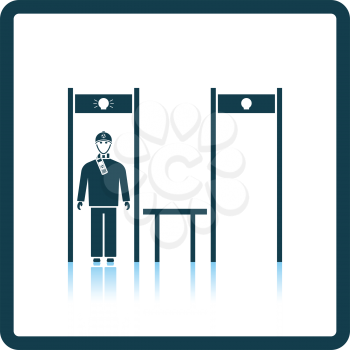 Stadium metal detector frame with inspecting fan icon. Shadow reflection design. Vector illustration.