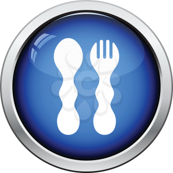 Baby spoon and fork icon. Glossy button design. Vector illustration.